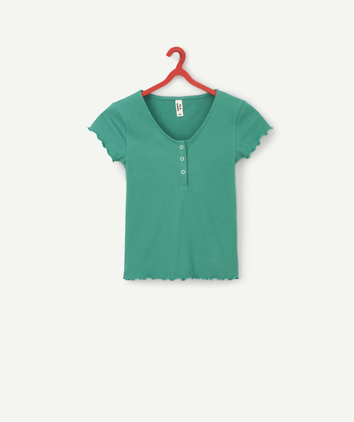 T-shirt - Shirt Nouvelle Arbo   C - GIRLS' RIBBED GREEN ORGANIC COTTON T-SHIRT WITH POPPERS