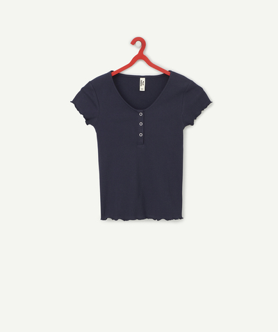 Low-priced looks Tao Categories - GIRLS' RIBBED BLUE ORGANIC COTTON T-SHIRT WITH POPPERS