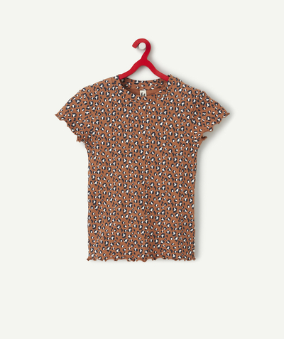 TEE SHIRT family - GIRLS' RIBBED BROWN AND LEOPARD PRINT ORGANIC COTTON T-SHIRT
