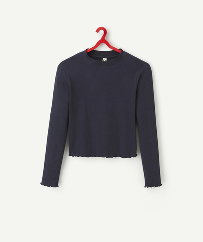 New colour palette Tao Categories - GIRLS' NAVY RIBBED LONG-SLEEVED ORGANIC COTTON T-SHIRT