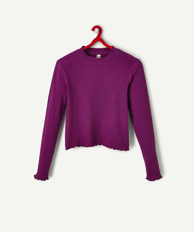 TEE SHIRT family - GIRLS' PURPLE RIBBED COTTON ROLL NECK JUMPER