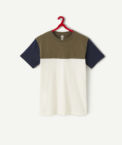 T-shirt - chemise - polo Nouvelle Arbo   C - T-SHIRT GARÇON EN COTON BIO COLORBLOCK BLANC KAKI ET BLEU