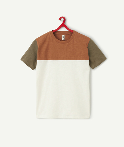 Back to school collection Nouvelle Arbo   C - BOYS' WHITE, BROWN AND KHAKI ORGANIC COTTON COLOURBLOCK T-SHIRT