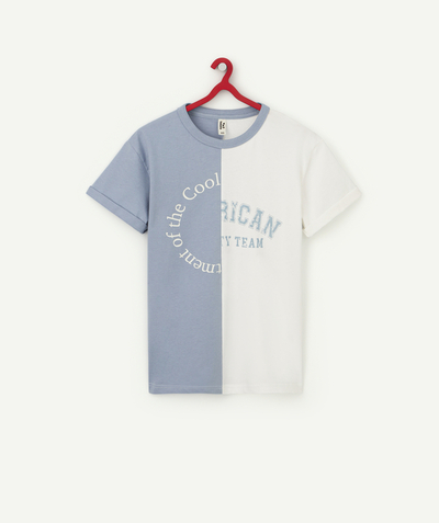 T-shirt Nouvelle Arbo   C - T-SHIRT GARÇON EN COTON BIO BLANC ET BLEU DOUBLE MOTIF