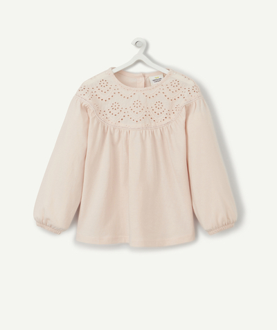 Low-priced looks Tao Categories - BABY GIRLS' PALE PINK ORGANIC COTTON T-SHIRT WITH BRODERIE ANGLAISE