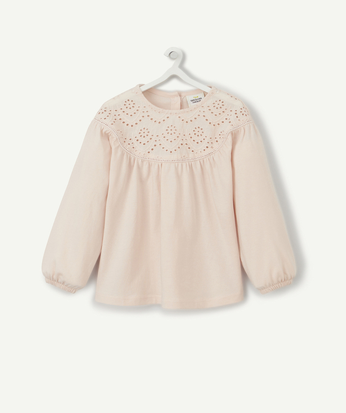 Baby girl Tao Categories - BABY GIRLS' PALE PINK ORGANIC COTTON T-SHIRT WITH BRODERIE ANGLAISE