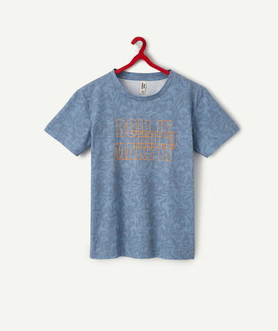 T-shirt - chemise - polo Nouvelle Arbo   C - T-SHIRT GARÇON BLEU AVEC MESSAGE EN RELIEF ORANGE