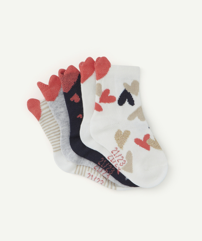 Socks - Tights Tao Categories - PACK OF FIVE PAIRS OF BABY GIRLS' LONG SOCKS WITH PINK HEARTS