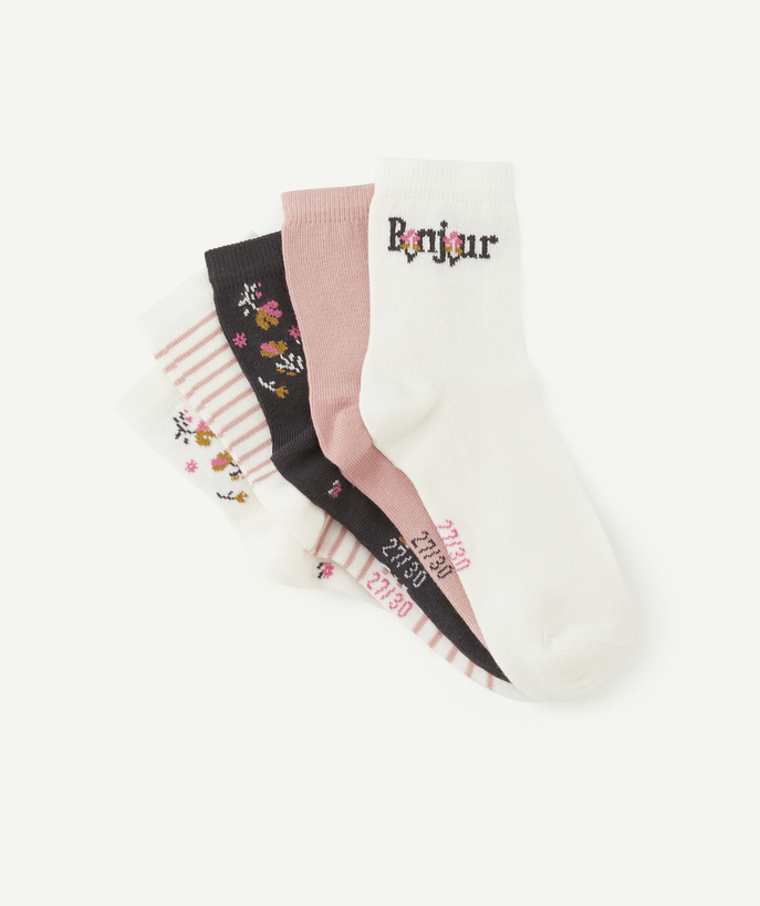 Socks - Tights Tao Categories - PACK OF FIVE PAIRS OF GIRLS' SOCKS, PLAIN AND PRINTED WITH FLOWERS