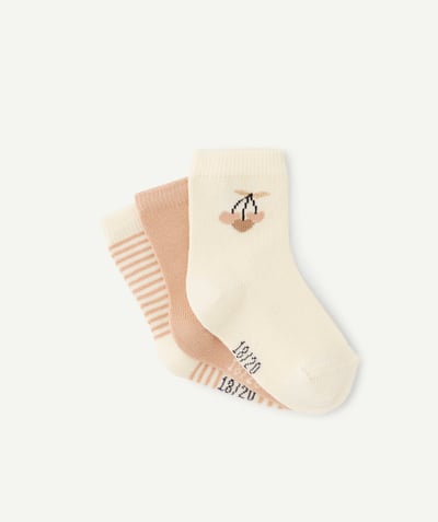 Socks - Tights Nouvelle Arbo   C - PACK OF THREE BABY GIRLS' LONG SOCKS IN CREAM AND BEIGE COTTON