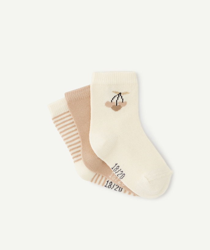 Socks - Tights Tao Categories - PACK OF THREE BABY GIRLS' LONG SOCKS IN CREAM AND BEIGE COTTON