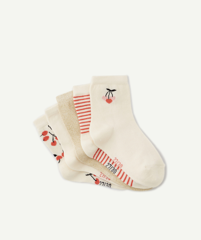 Socks - Tights Tao Categories - PACK OF FIVE PAIRS OF GIRLS' LONG SOCKS IN CREAM AND PINK WITH CHERRIES