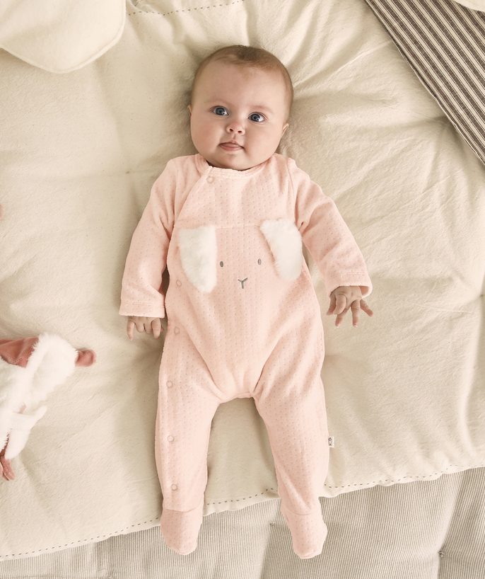 Sleepsuit - Pyjamas Tao Categories - PINK VELVET SLEEP SUIT WITH RABBIT EARS IN RELIEF