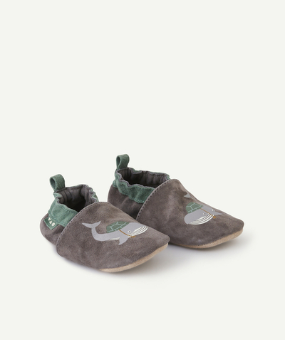 New collection Nouvelle Arbo   C - BABY BOYS' GREY LEATHER BOOTIES WITH FLOCKED WHALES
