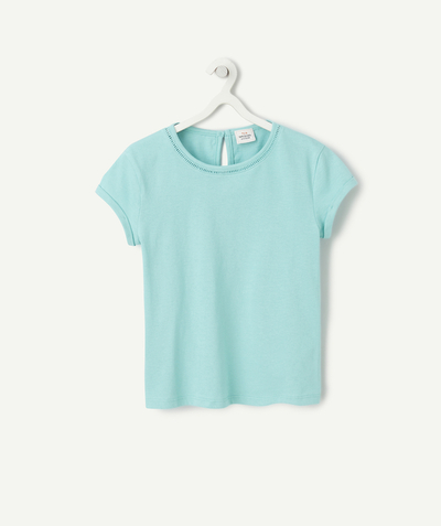 T-shirt - sous-pull Categories Tao - T-SHIRT FILLE EN COTON BIO BLEU TURQUOISE ET DÉTAILS AJOURÉS