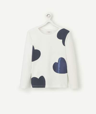 T-shirt - undershirt Nouvelle Arbo   C - GIRLS' WHITE ORGANIC COTTON T-SHIRT WITH HEARTS AND REVERSIBLE SEQUINS