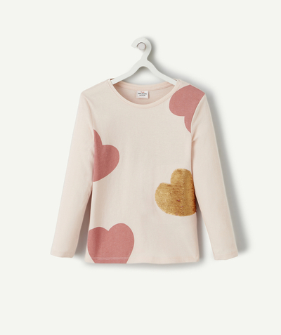 T-shirt - undershirt Nouvelle Arbo   C - GIRLS' PINK ORGANIC COTTON SHIRT WITH HEARTS AND SEQUINS
