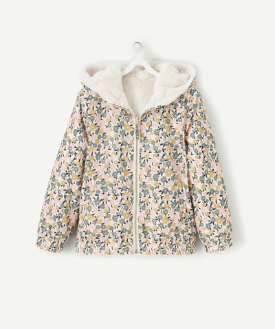 Clothing Nouvelle Arbo   C - GIRLS' KHAKI FLORAL PRINT AND FUR REVERSIBLE HOODED JACKET