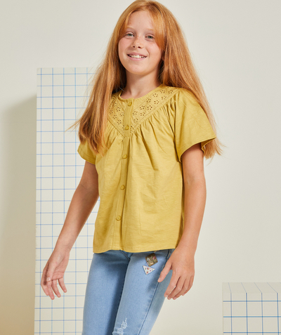 Girl Nouvelle Arbo   C - GIRLS' YELLOW ORGANIC COTTON T-SHIRT WITH GATHERS AND OPENWORK DETAILS