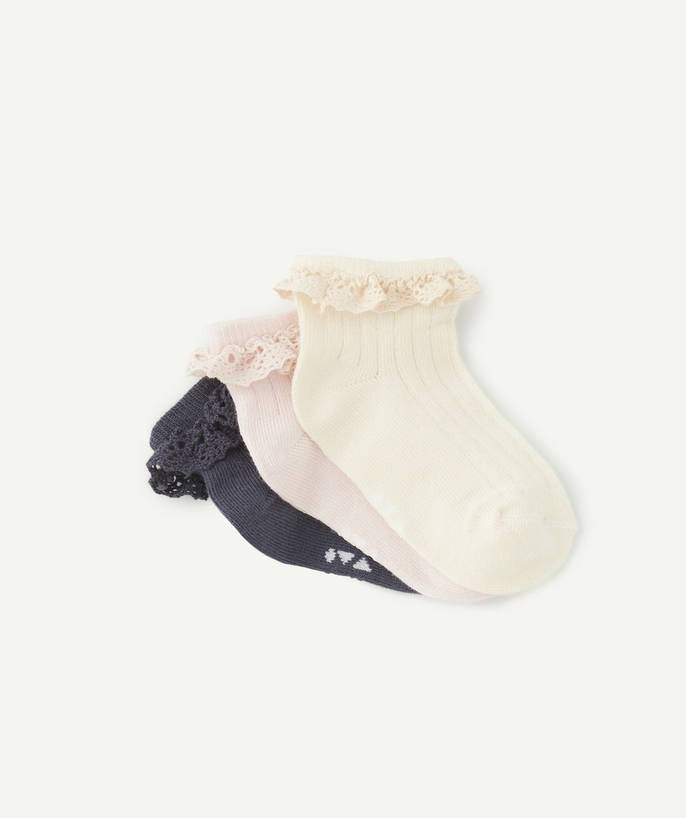 Socks - Tights Tao Categories - SET OF THREE PAIRS OF PLAIN SOCKS WITH EMBROIDERED DETAILS