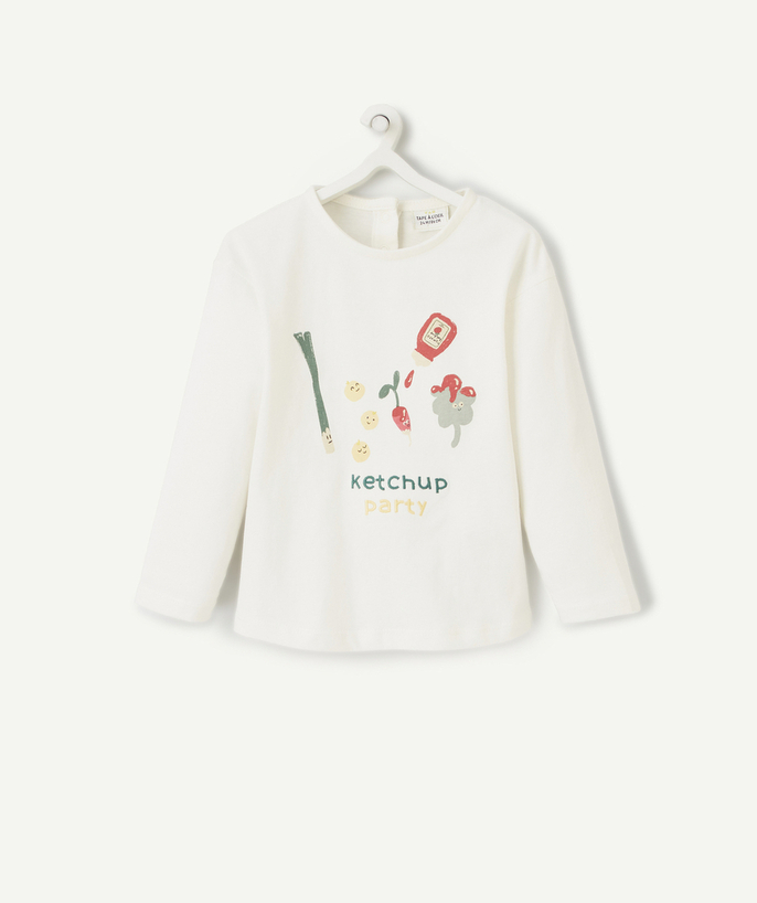 Back to school collection Tao Categories - BABY GIRLS' CREAM ORGANIC COTTON T-SHIRT WITH KETCHUP PARTY THEME