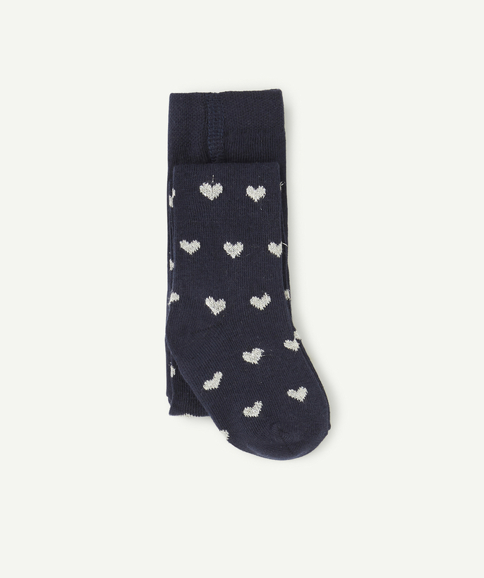 Socks - Tights Tao Categories - BABY GIRLS' NAVY KNITTED TIGHTS WITH HEART PRINT