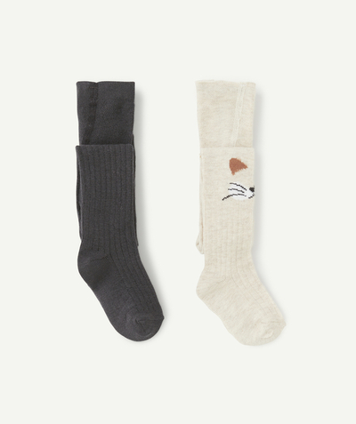 Socks - Tights Nouvelle Arbo   C - SET OF TWO PAIRS OF BABY GIRLS' GREY AND CREAM KNITTED TIGHTS WITH CAT MOTIF