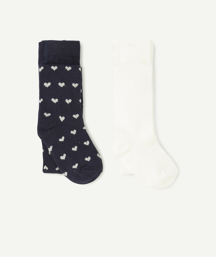 Socks - Tights Tao Categories - GIRLS' WHITE AND NAVY KNITTED TIGHTS WITH HEARTS