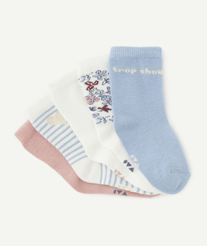 Socks - Tights Tao Categories - SET OF FIVE PAIRS OF GIRLS' BLUE, WHITE AND PINK SOCKS