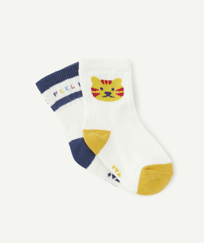 Socks Nouvelle Arbo   C - SET OF TWO PAIRS OF BABY BOYS' LONG CREAM SOCKS WITH CAT MOTIF