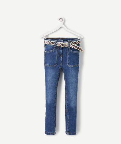 Jeans Tao Categories - GIRLS' SKINNY LOW-IMPACT RAW DENIM JEANS WITH PLAITED BELT