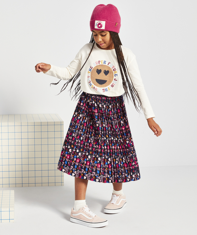 Back to school collection Tao Categories - GIRLS' LONG PLEATED RECYCLED FIBRE SKIRT WITH FLORAL PRINT