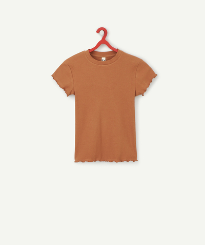 Clothing Nouvelle Arbo   C - GIRLS' RIBBED BROWN ORGANIC COTTON T-SHIRT WITH SCALLOPED TRIM