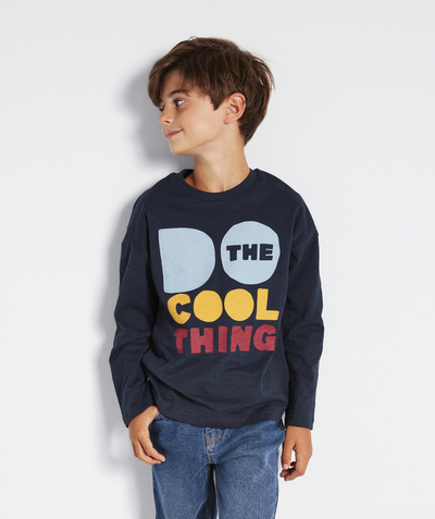 Back to school collection Nouvelle Arbo   C - BOYS' NAVY ORGANIC COTTON T-SHIRT WITH COLOURED SLOGAN