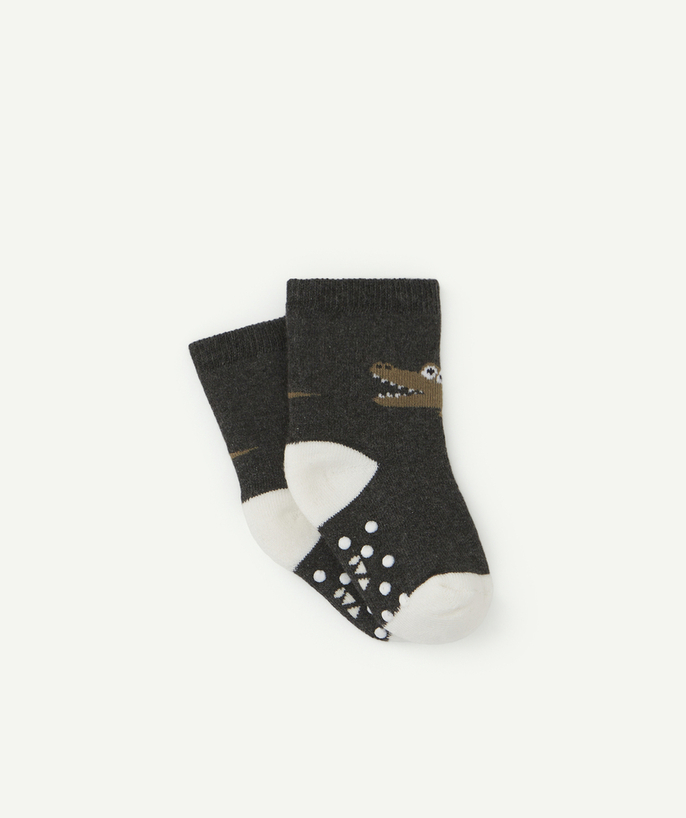 Accessories Tao Categories - SET OF THREE PAIRS OF BABY BOYS' GREY SOCKS WITH CROCODILES