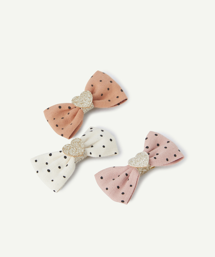 Hair Accessories Tao Categories - SET OF 3 GIRL'S BOW BARRETTES WITH POLKA DOTS AND GLITTER HEARTS