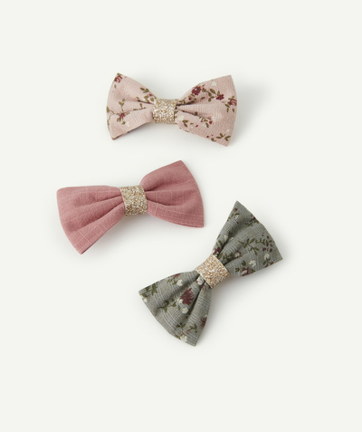 Hair Accessories Tao Categories - SET OF THREE GIRLS' PINK AND PRINTED BOW HAIR CLIPS WITH GLITTER DETAILS