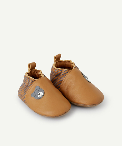 New collection Nouvelle Arbo   C - DOUBEAR TAN LEATHER BABY BOOTIES WITH GREY TEDDIES