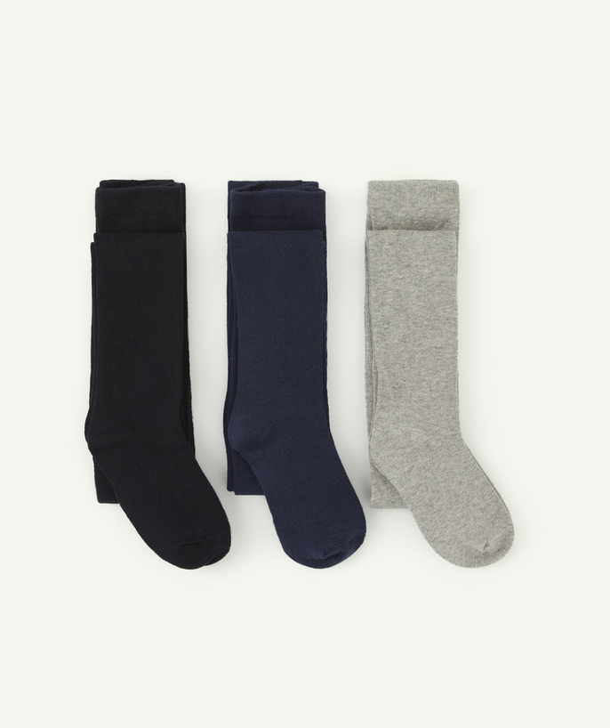 Socks - Tights Tao Categories - SET OF THREE PAIRS OF PLAIN GREY, BLACK AND NAVY KNITTED TIGHTS FOR GIRLS