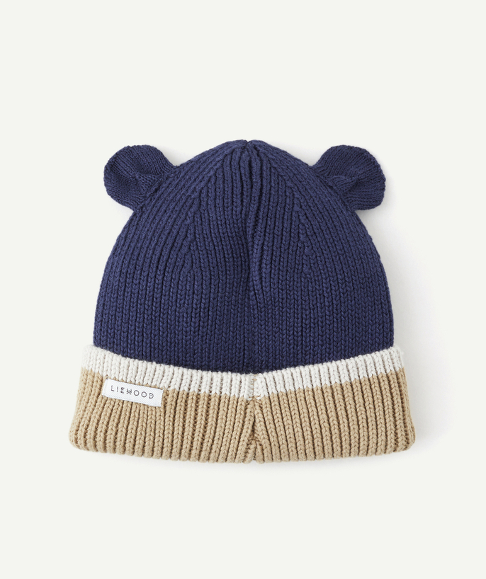 Knitwear accessories Tao Categories - GINA BEANIE IN NAVY BLUE AND BEIGE ORGANIC COTTON RIBBED KNIT WITH BEAR EARS