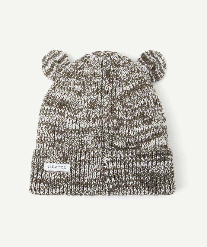 Knitwear accessories Tao Categories - GINA BEANIE IN BROWN AND CREAM ORGANIC COTTON RIBBED KNIT WITH BEAR EARS
