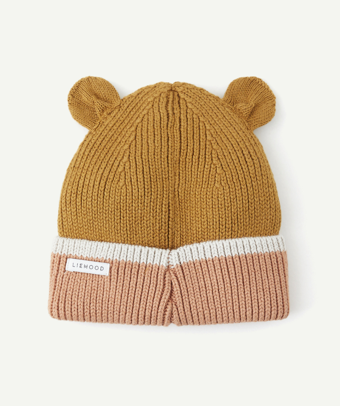 Knitwear accessories Tao Categories - GINA BEANIE IN BROWN AND PINK ORGANIC COTTON RIBBED KNIT WITH BEAR EARS