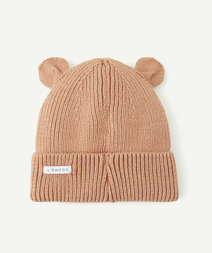 Knitwear accessories Tao Categories - GINA BEANIE IN PINK ORGANIC COTTON RIBBED KNIT WITH BEAR EARS