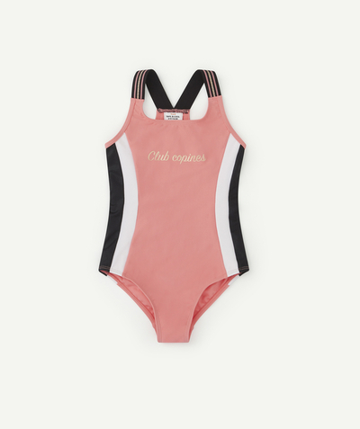 Swimwear Tao Categories - GIRLS' SWIMMING COSTUME WITH BANDS AND GOLD SLOGAN