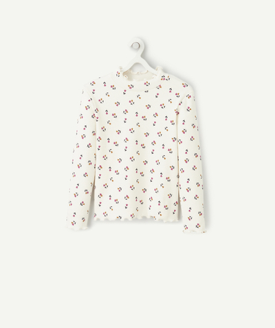 Basics Nouvelle Arbo   C - GIRLS' WHITE FLORAL RIBBED ORGANIC COTTON ROLL NECK JUMPER WITH SCALLOPED DETAILS