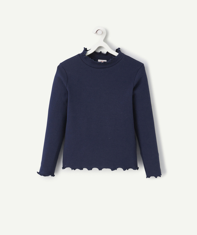 Basics Nouvelle Arbo   C - GIRLS' NAVY RIBBED ORGANIC COTTON ROLL NECK JUMPER WITH SCALLOPED DETAILS