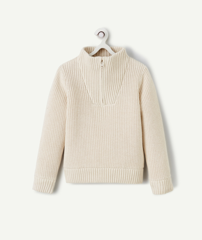 Swetry - Swetry rozpinane - kamizelki Kategorie TAO - DZIANINOWY SWETER ECRU Z WYSOKIM KOŁNIERZEM DLA CHŁOPCA