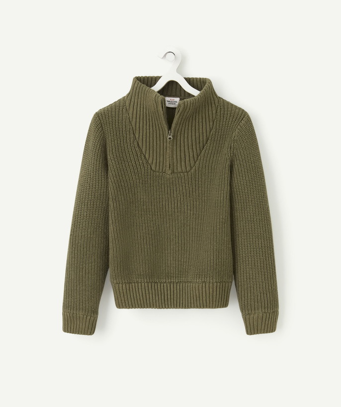 Swetry - Swetry rozpinane - kamizelki Kategorie TAO - DZIANINOWY SWETER KHAKI Z WYSOKIM ZASUWANYM KOŁNIERZEM DLA CHŁOPCA