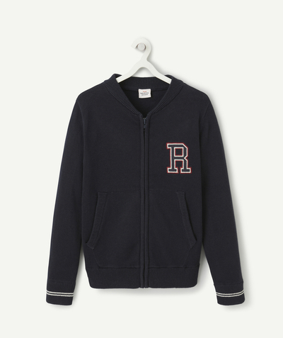 Pullover - Cardigan Nouvelle Arbo   C - BOYS' NAVY CARDIGAN WITH EMBROIDERED LETTER