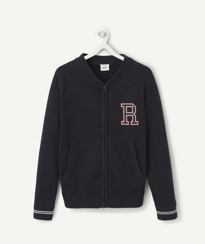 Pullover - Cardigan Tao Categories - BOYS' NAVY CARDIGAN WITH EMBROIDERED LETTER